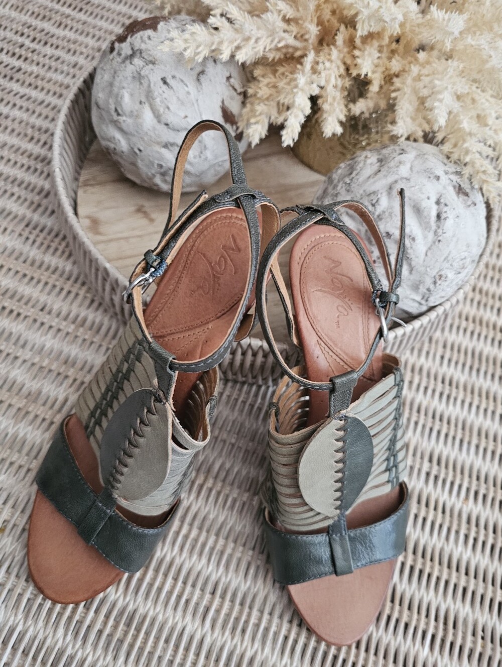Naya Olive Two Tones Leather Woven T-Strap Sandals